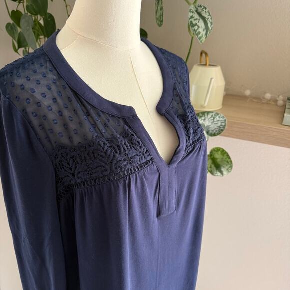 Daniel Rainn Anthropologie Navy Blue Sheer Yoke Long Sleeve Blouse Women M - Picture 3 of 10